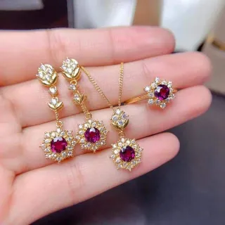 New Style Garnet Red Ring Pendant Necklace Set (4 pcs)